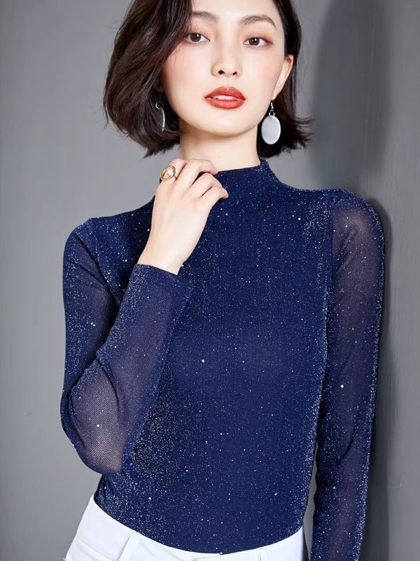 Fashion tulle bottoming shirt women's long-sleeved tulle dress bright silk top slim slimming top