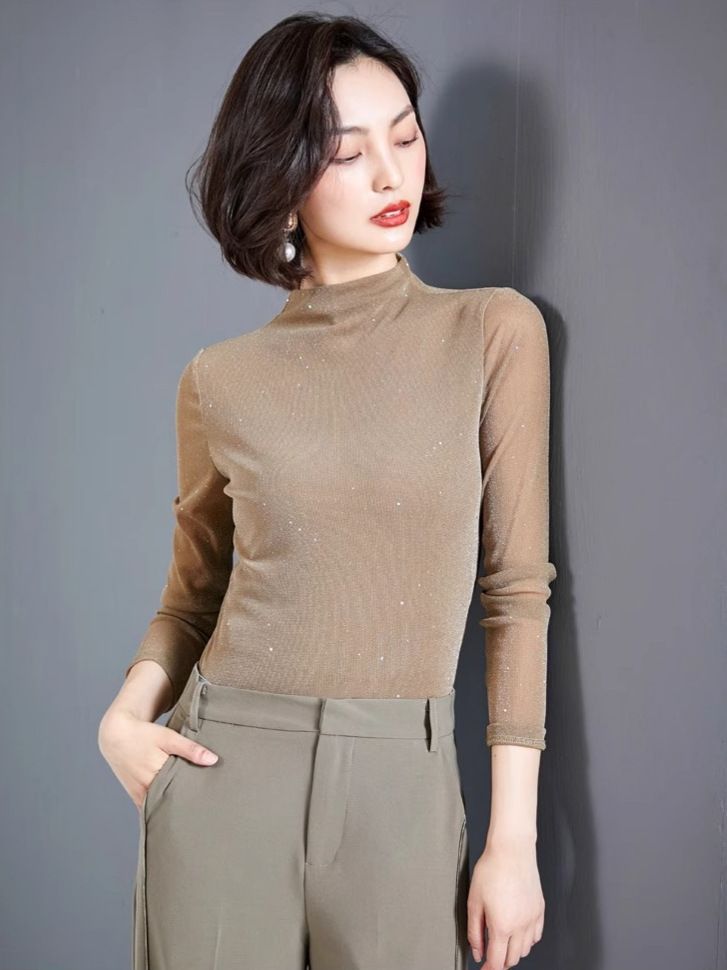 Fashion tulle bottoming shirt women's long-sleeved tulle dress bright silk top slim slimming top
