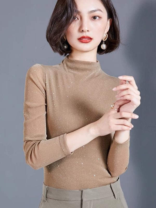 Fashion tulle bottoming shirt women's long-sleeved tulle dress bright silk top slim slimming top