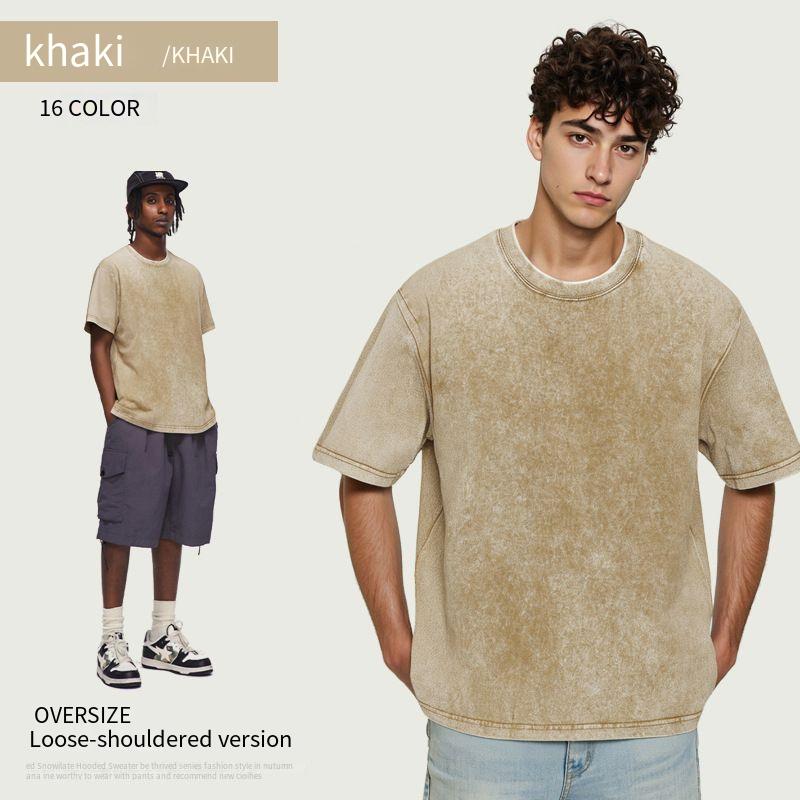 230G old washed cotton T-shirt loose shoulder heavy short sleeves washed batik simple round neck short sleeves