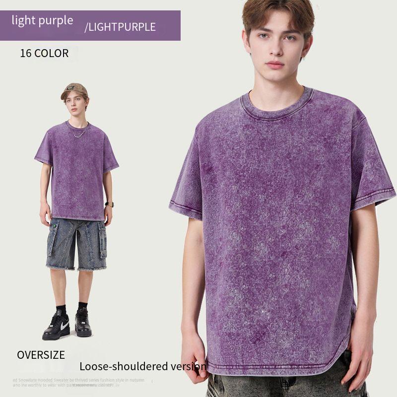 230G old washed cotton T-shirt loose shoulder heavy short sleeves washed batik simple round neck short sleeves
