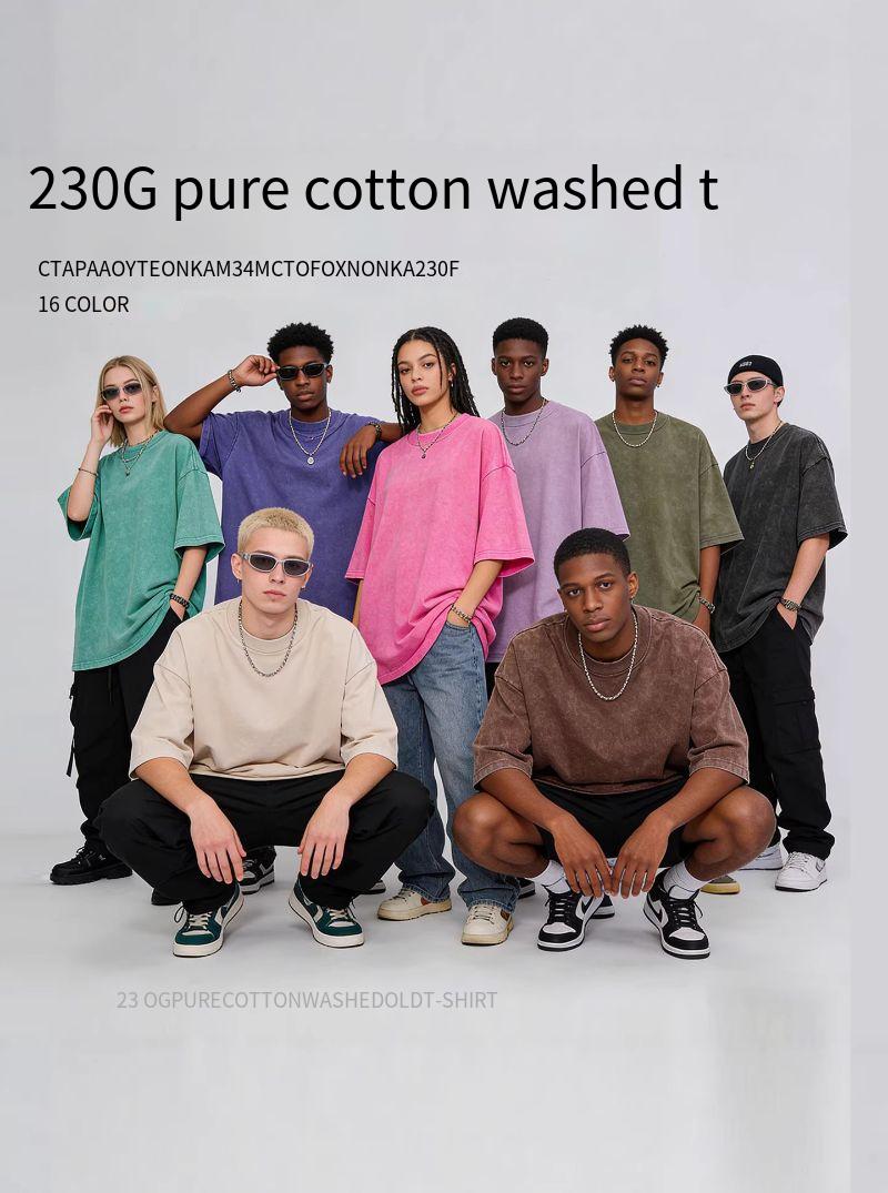 230G old washed cotton T-shirt loose shoulder heavy short sleeves washed batik simple round neck short sleeves