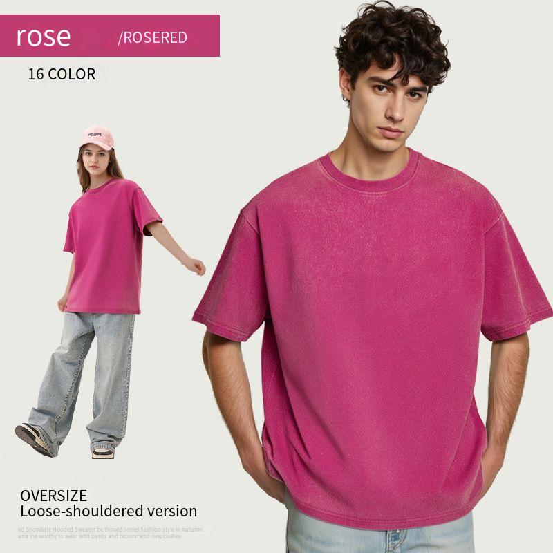 230G old washed cotton T-shirt loose shoulder heavy short sleeves washed batik simple round neck short sleeves