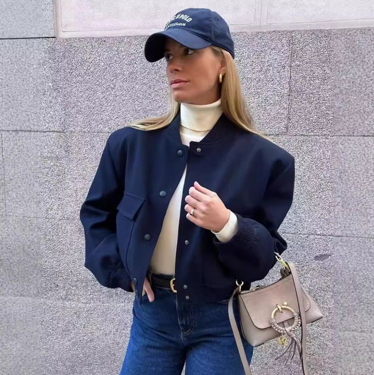 Spring and autumn new stand-up collar big pocket women's jacket coat women