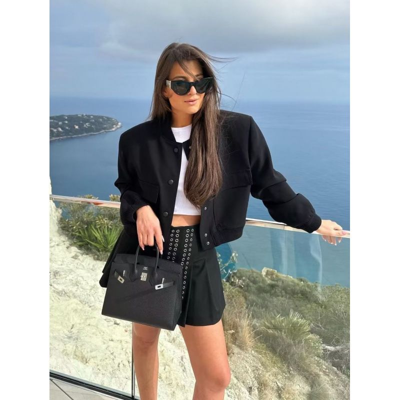 Spring and autumn new stand-up collar big pocket women's jacket coat women