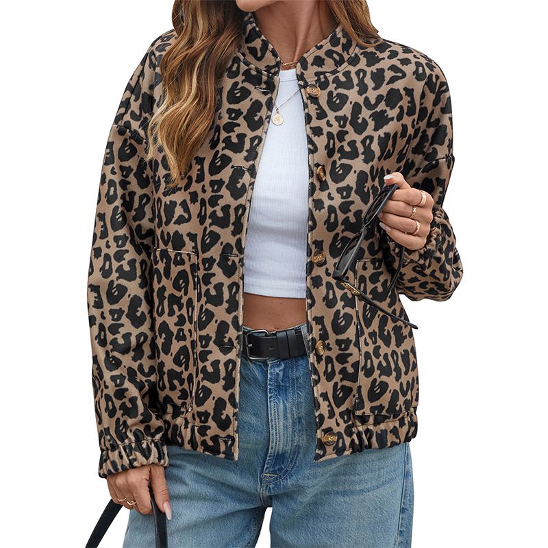 2026  Personality trend retro stand-up collar leopard coat women's spring and autumn wear