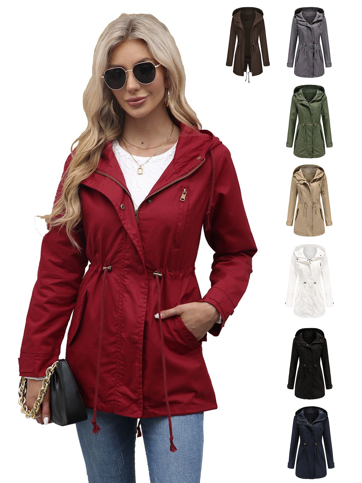 Cotton hooded windbreaker women's spring and autumn coat plus size loose solid color clothing