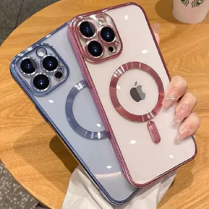 Luxury Plated Magnetic Phone Case for iPhone11 iPhone12 iPhone13 iPhone16 iPhone17, Built-in Lens Protector Clear TPU Soft Cover, 8 Colors Available