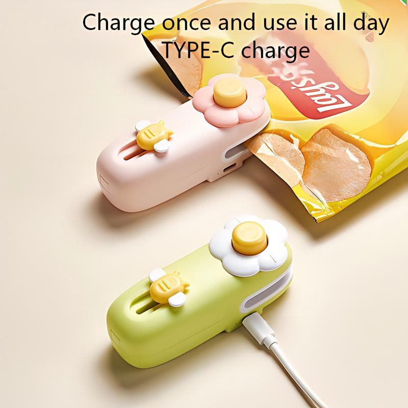 Dual-Purpose Mini Sealing Machine, Handheld Heat Sealer with Type-C Charging, Magnetic Adsorption, Reusable Bag Sealer for Food Preservation, Cute Flower Design