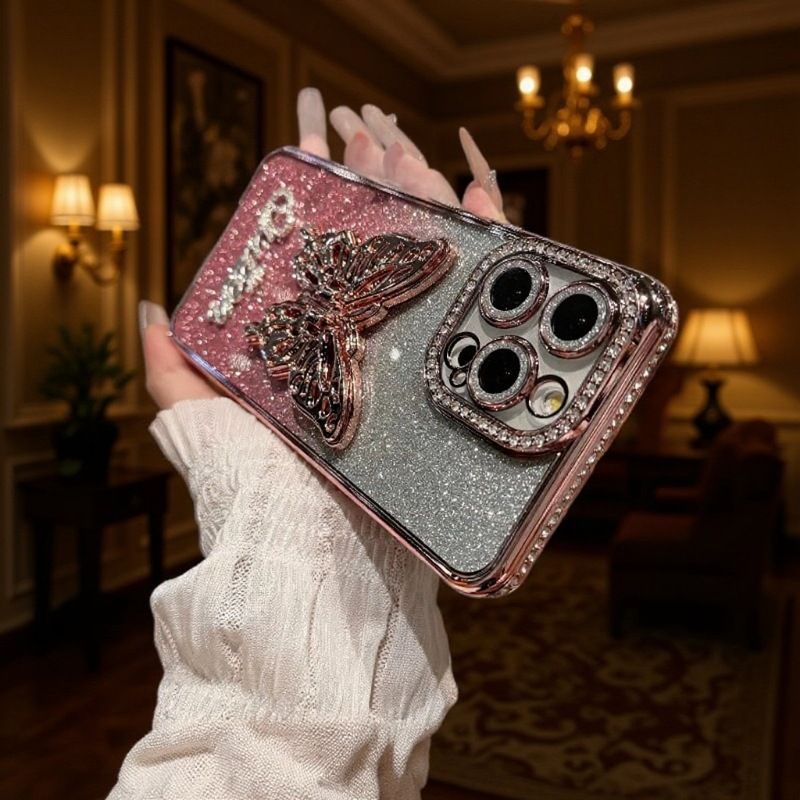 3D Bowknot Rhinestone Phone Case for iPhone11 iPhone12 iPhone13iPhone16iPhone17, Electroplated Silicone Shockproof Cover with Hidden Stand, Gradient Color Glitter Case for Girls