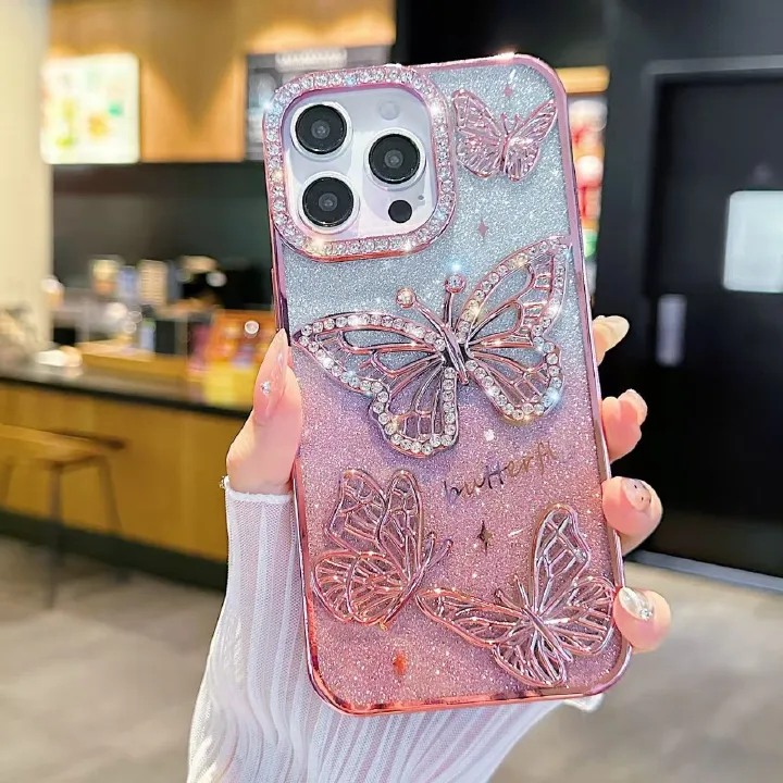 3D Bowknot Rhinestone Phone Case for iPhone11 iPhone12 iPhone13iPhone16iPhone17, Electroplated Silicone Shockproof Cover with Hidden Stand, Gradient Color Glitter Case for Girls