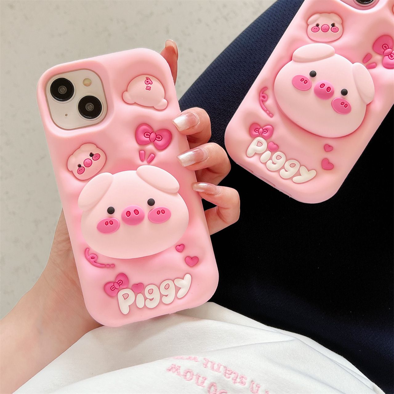 Cute 3D Pig Stand Phone Case for iPhone 17/16/15/14 Pro Max, Soft Silicone Shockproof Cover, Cartoon Protective Case for Girls