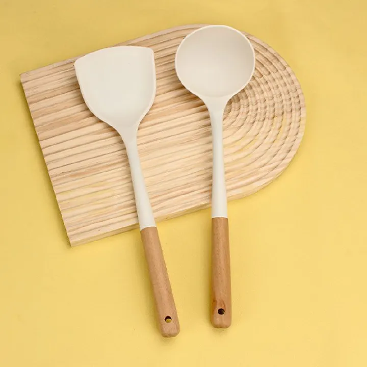 Set of 2PCS Cookware Wooden Handle Silicone Spatula Kitchen Non-Stick Cooking Silicone Spatula Spoon Set Household Cooking Spatula Soup Spoon