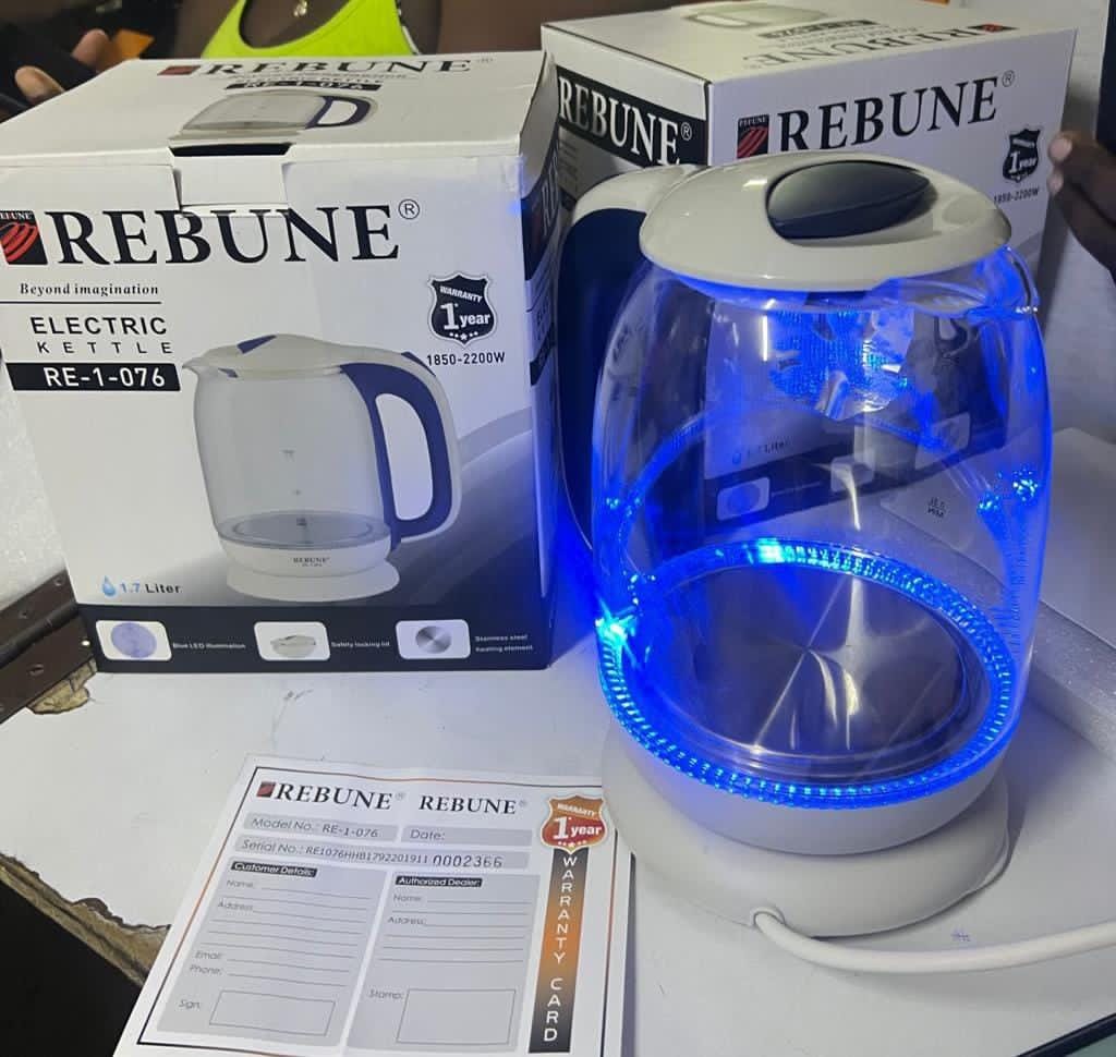 Rebune Glass Kettle (Overview)
A Rebune Glass Kettle is a stylish electric kettle made with heat-resistant glass and stainless steel parts, used for fast boiling water for tea, coffee, or instant meal