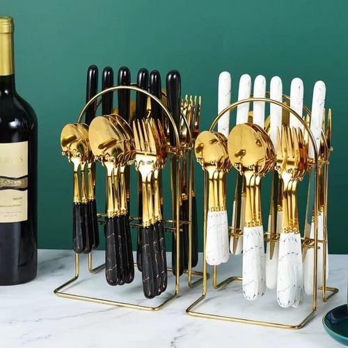 24pcs marble cutlery set is a stylish stainless steel dining set designed for home use, gifting, or events. It usually combines a marble-effect handle (black, white, or gold accents) with durable meta