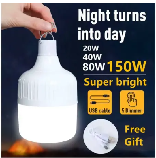 USB Rechargeable LED Emergency Bulb 20W/30W/40W/50W – Portable Camping & Reading Light with Free Charging Cable