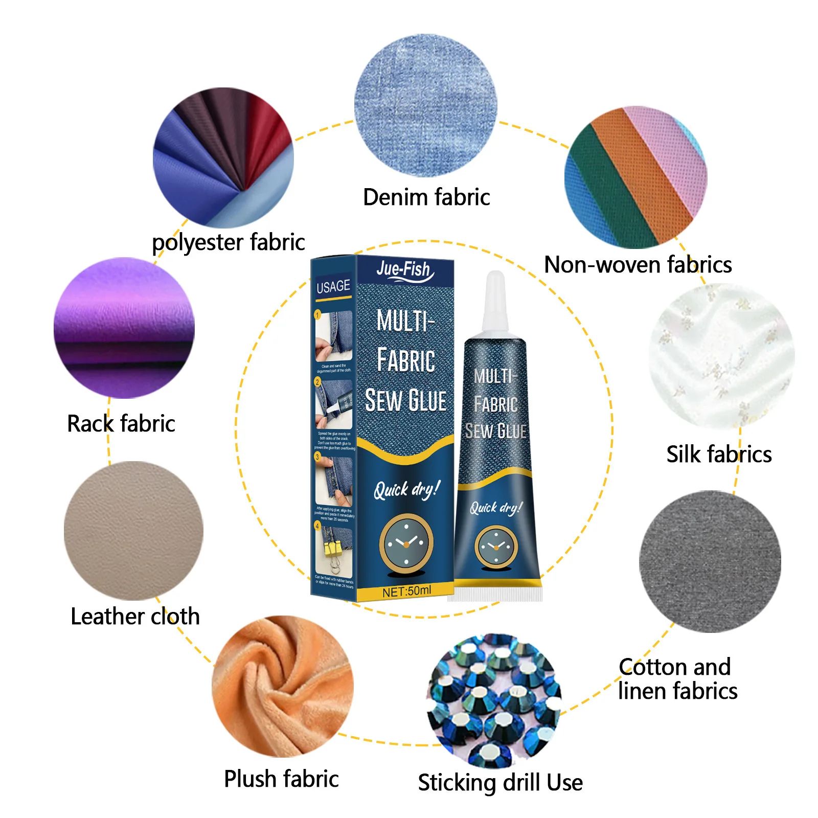 Cloth Repair Sew Glue, Fabric Sewing Adhesive for Jeans, Printing Pants, Cotton Flannel, Denim Leather, 50ml