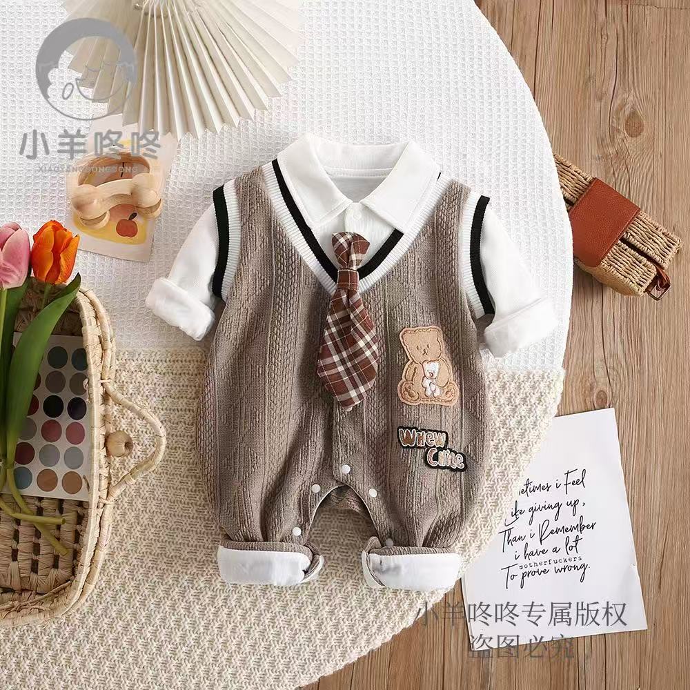 Catpapa 1-18M Boys' and Gentlemen's Hani Set Brown Striped jumpsuit+Bear Tie Baby Dress Set Newborn Full Moon Banquet Dress 0-1 Year Old Formal Occasion Dressing