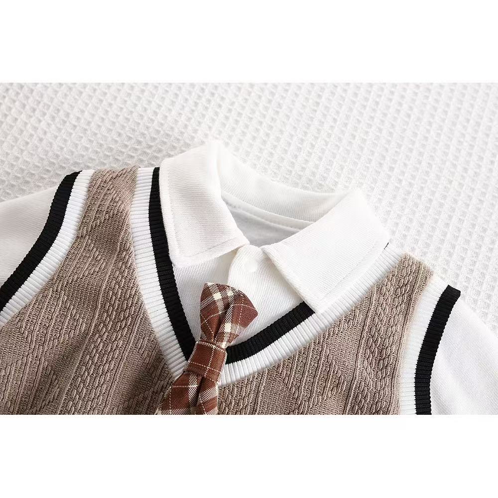 Catpapa 1-18M Boys' and Gentlemen's Hani Set Brown Striped jumpsuit+Bear Tie Baby Dress Set Newborn Full Moon Banquet Dress 0-1 Year Old Formal Occasion Dressing