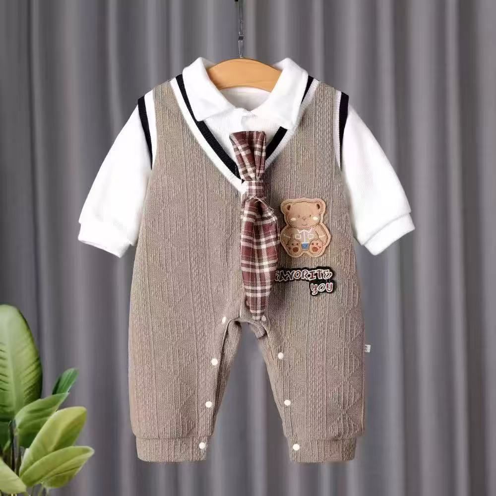 Catpapa 1-18M Boys' and Gentlemen's Hani Set Brown Striped jumpsuit+Bear Tie Baby Dress Set Newborn Full Moon Banquet Dress 0-1 Year Old Formal Occasion Dressing