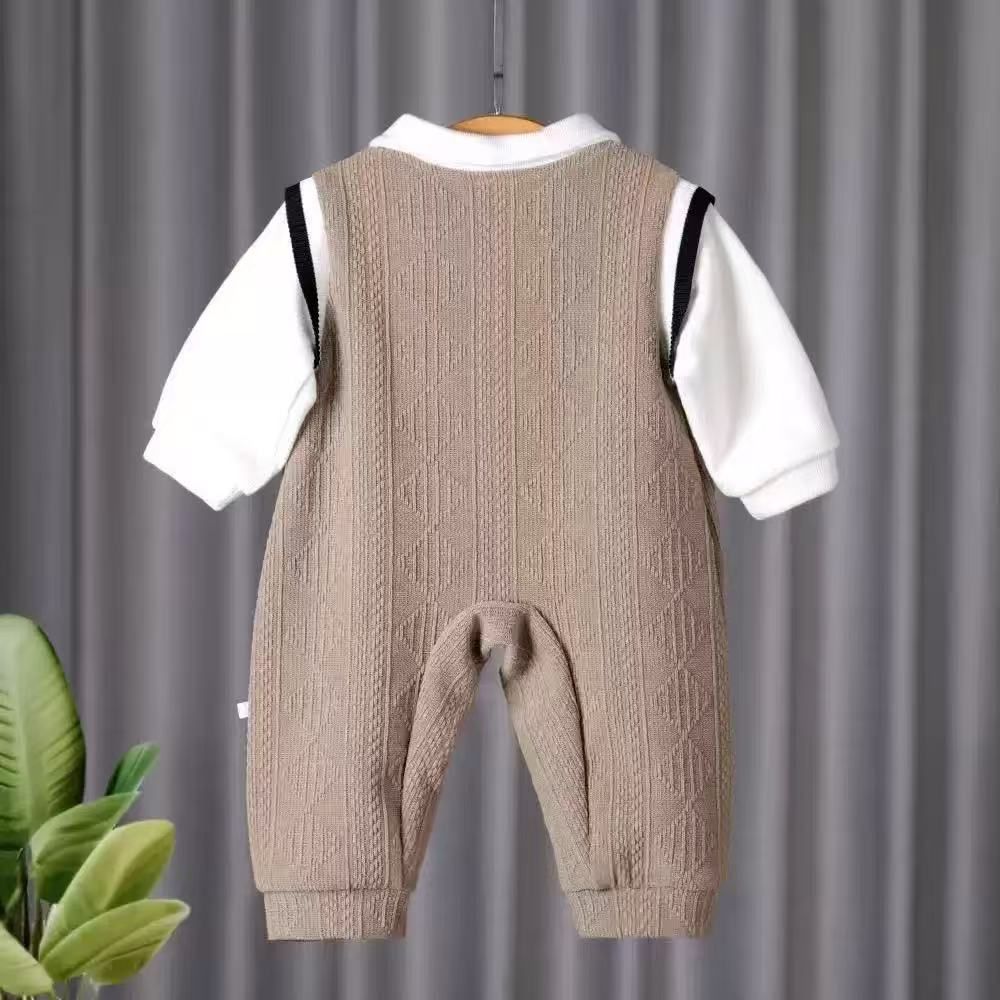 Catpapa 1-18M Boys' and Gentlemen's Hani Set Brown Striped jumpsuit+Bear Tie Baby Dress Set Newborn Full Moon Banquet Dress 0-1 Year Old Formal Occasion Dressing