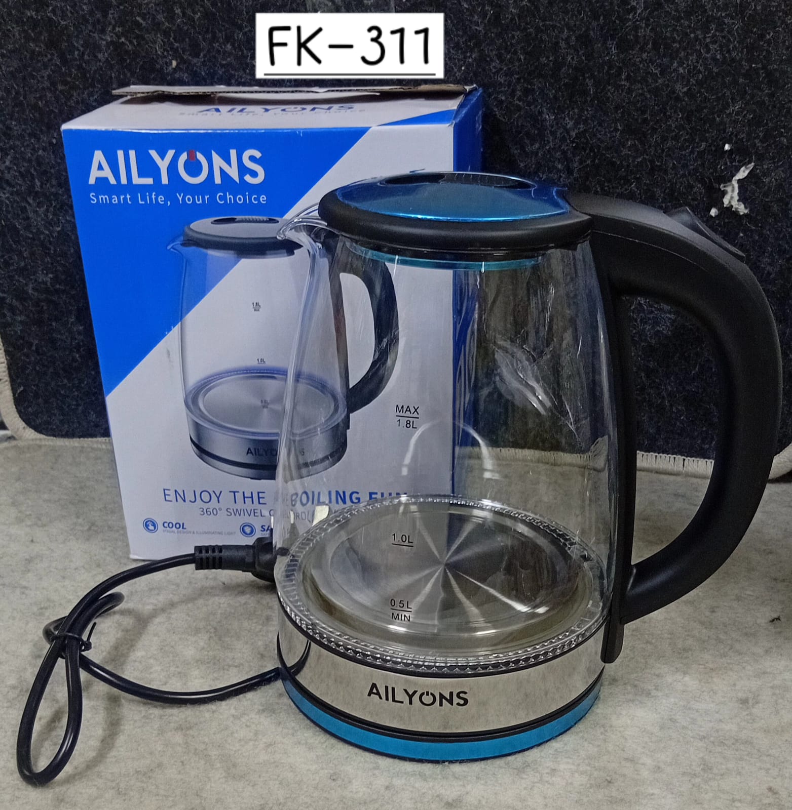 Ailyons Borosilicate Glass Kettle – Stylish & Durable Electric Kettle, Made from high-quality borosilicate glass for durability, Heats water quickly and efficiently.