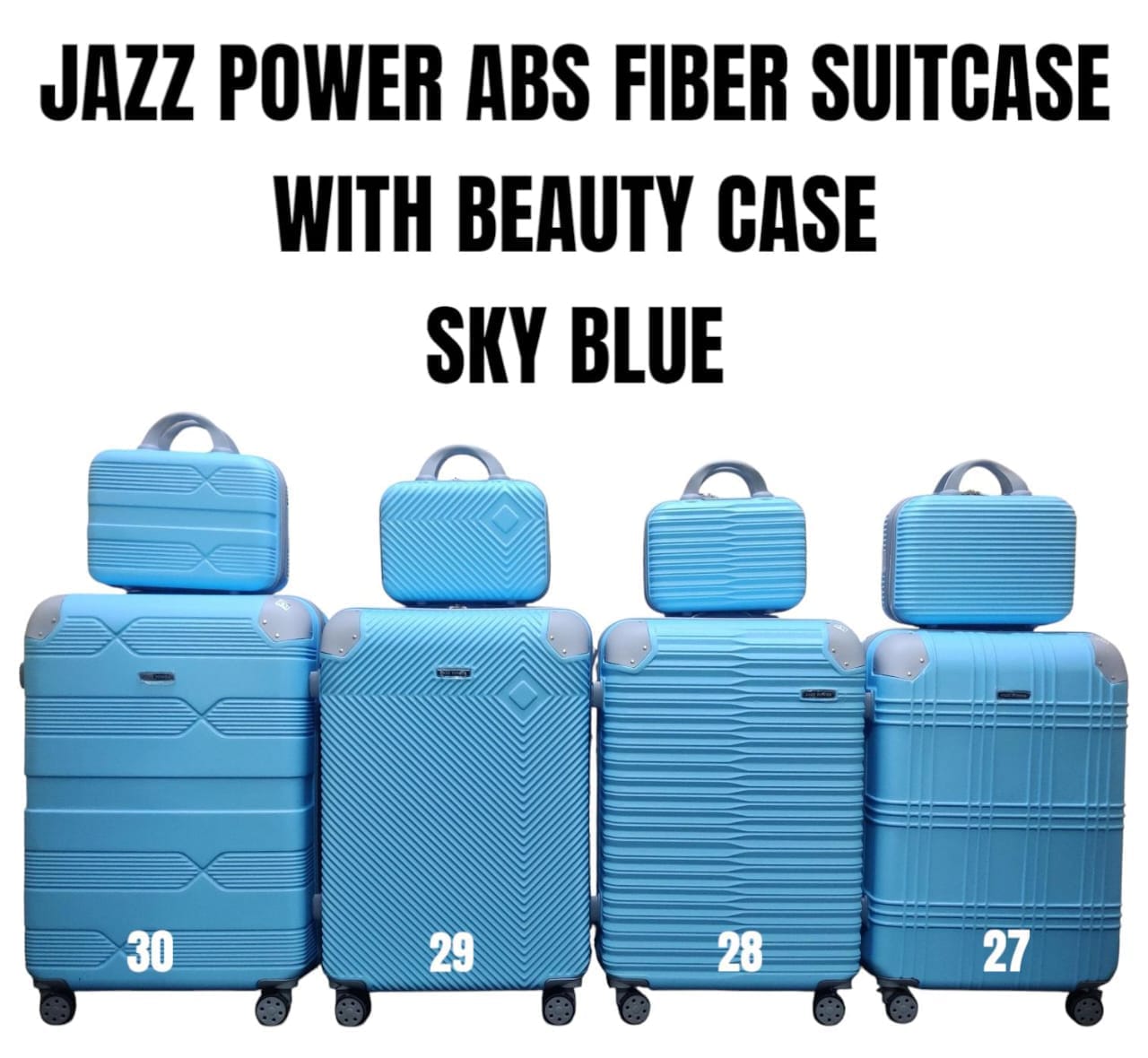 JAZZ ABS FIBER SUITCASE – 4 IN 1 SET
WITH BEAUTY CASE | DH2322
Travel smart, stylish, and fully organized with this premium 4-in-1 suitcase set – perfect for every journey!
✨ What’s Included:
✔️ Size