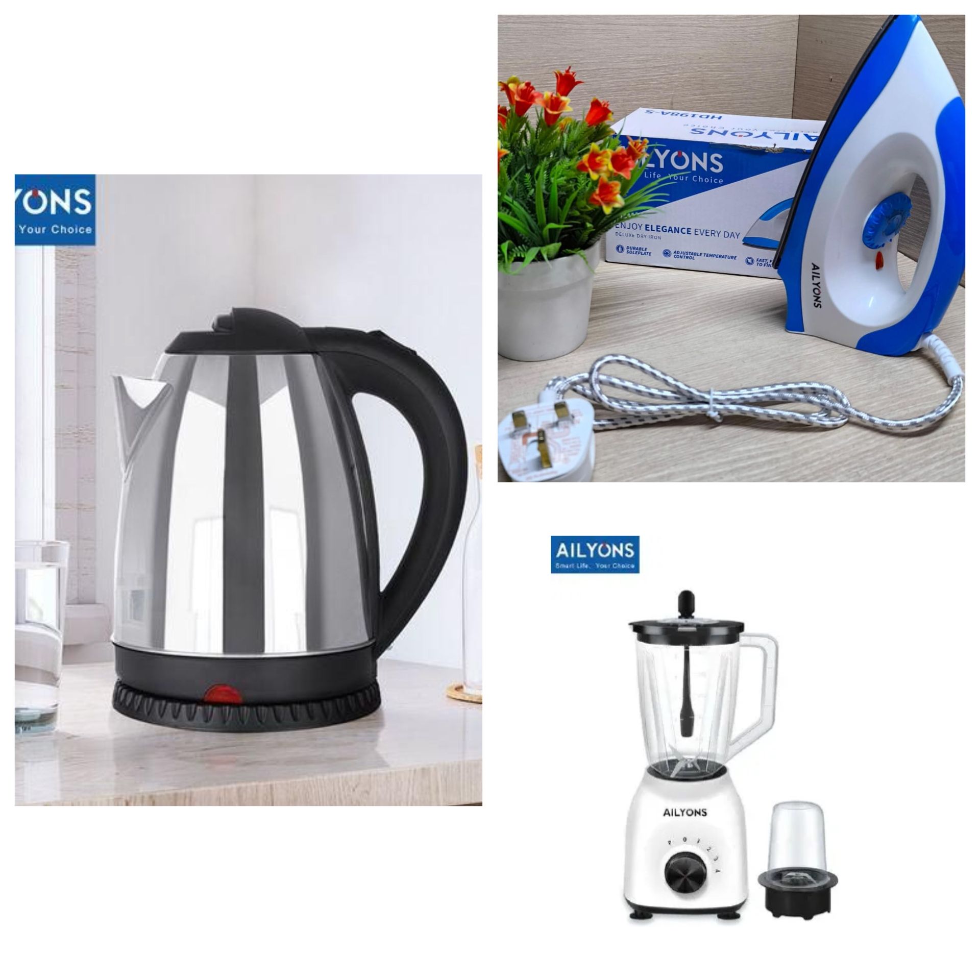 AILYONS 3-in-1 Home Appliance Bundle – Kettle + Iron Box + 2-in-1 Blender
Make your home fully equipped with this powerful AILYONS combo set designed for everyday convenience, efficiency, and value!