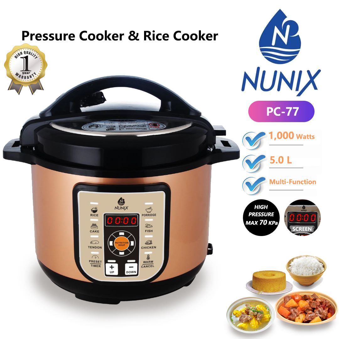 Nunix PC-77 Electric Pressure Cooker & Rice Cooker. 


Capacity: 5.0 Liters.
Power: 1,000 Watts.
Features: Multi-functional with a digital screen, preset timer, and various cooking modes like chicken,
