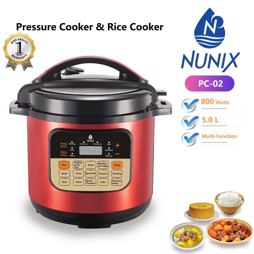 Nunix PC-02 Electric Pressure Cooker and Rice Cooker. 
Capacity: 5.0 Liters
Power: 800 Watts
Features: Multi-function digital display with timing preset, non-stick inner pot, and explosion-proof alumi