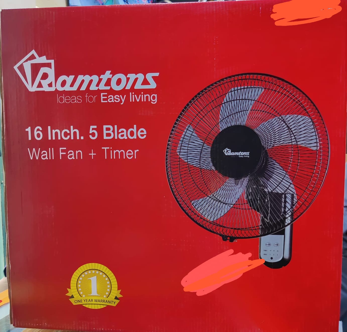 Ramtons 16 Inch 5 Blade Wall Fan with Timer. 
Model: Similar to the RM683 model
Features: 5-blade design, built-in timer, and manual controls
Usage: Wall-mounted for space-saving cooling in homes or o