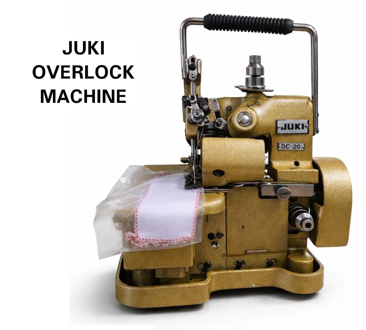 Juki DC-20 industrial overlock sewing machine. 
It is designed for high-speed edge stitching and overedging fabrics like knit goods, sweaters, and underwear. 
The machine features simultaneous trimmin