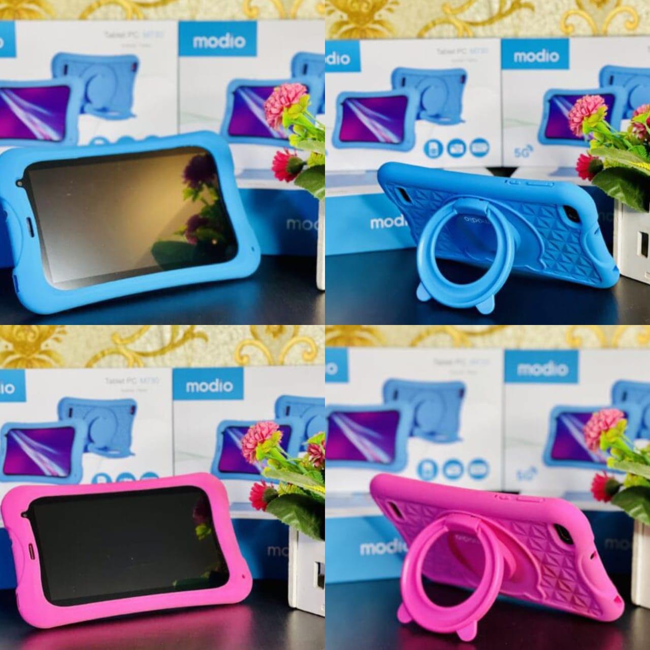 Modio M730 Kids Android Tablet, featuring a 7-inch display and a protective silicone case. 
Storage and Memory: It comes with 256GB of internal storage and 6GB of RAM. 
Connectivity: The tablet suppor