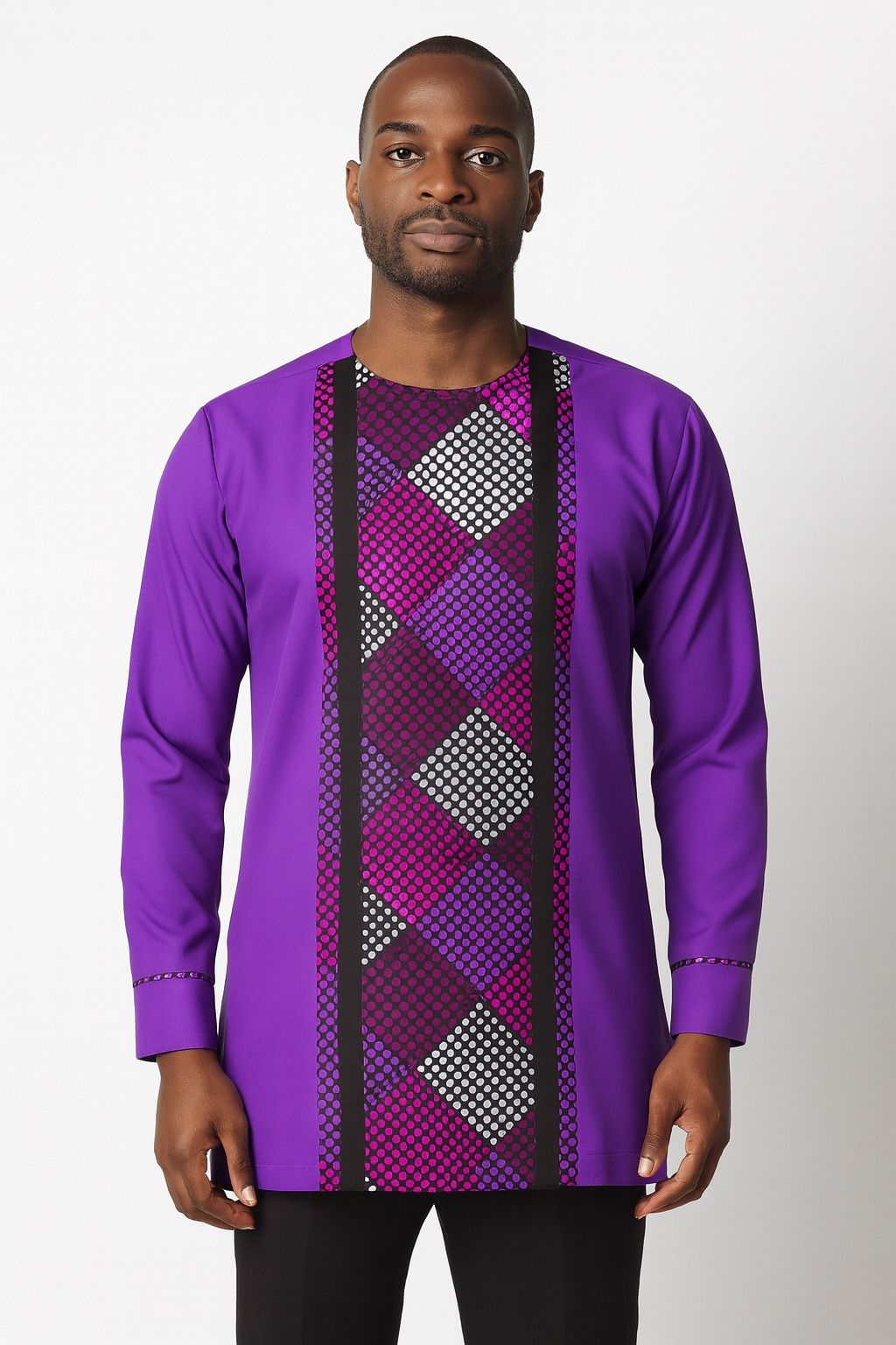 Fashion 2Pc Men Suit Ankara Vintage Traditional Outfit 100% Cotton Fashion African Shirt Modern Print Shirt and Black Trouser