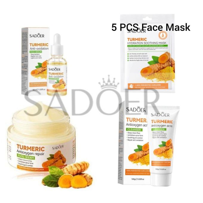 SADOER 8 Pieces Set Tumeric moisturizing and skin glowing Skin Care Set: Turmeric Face Cream + Serum + 5 Face Masks + Face Cleanser For Treating Dark Spots, Anti-wrinkles, Smoothening Face & Improving