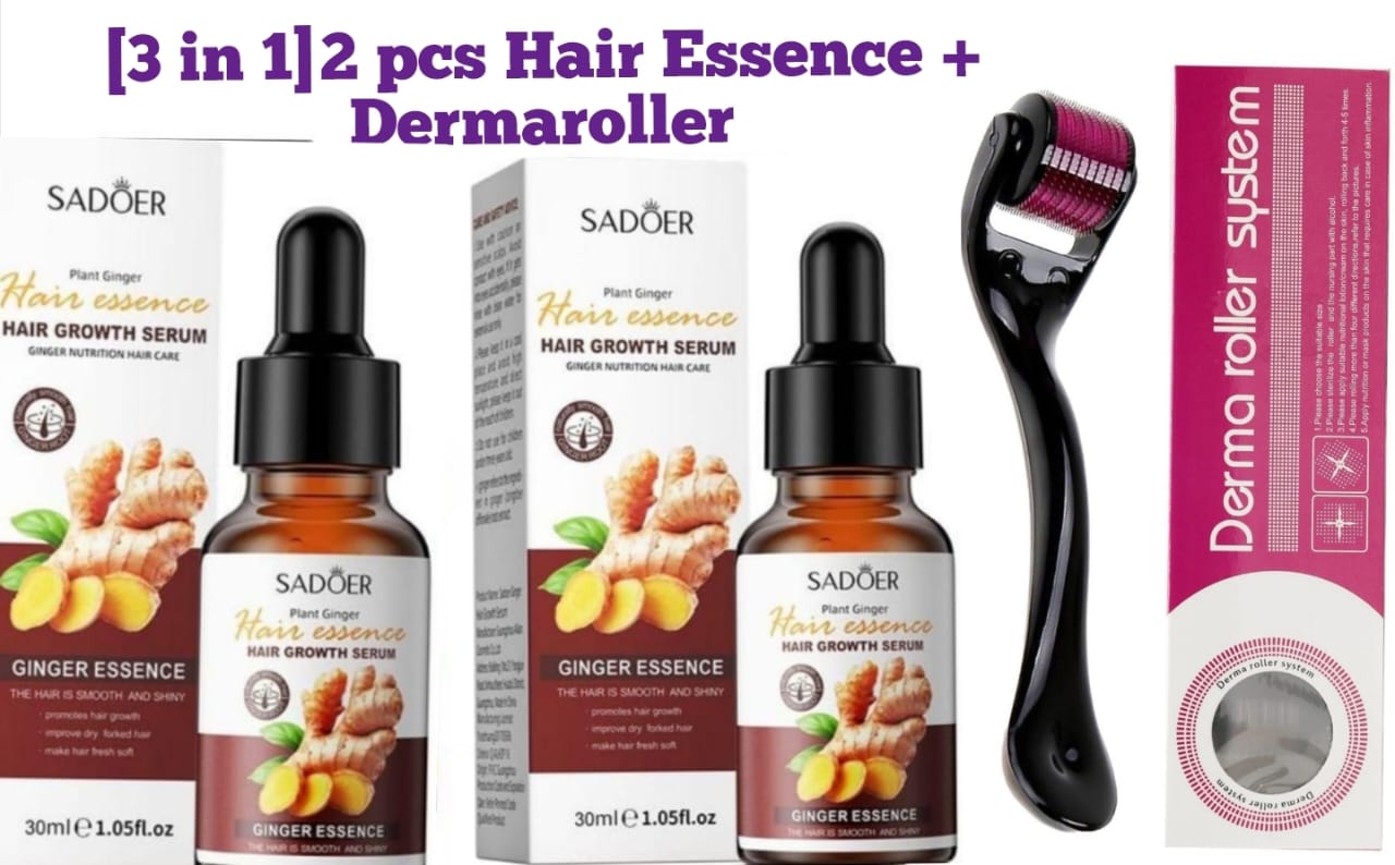 SADOER 3in1(2 Pcs Ginger Hair Essence+DERNAROLLER Hair Growth Serum MINOXODIL Essence Hair Growth Ginger Extract Beard Growth,Hair Growth, Anti Dandruffs Hair Moisturizing Hair Care Serum