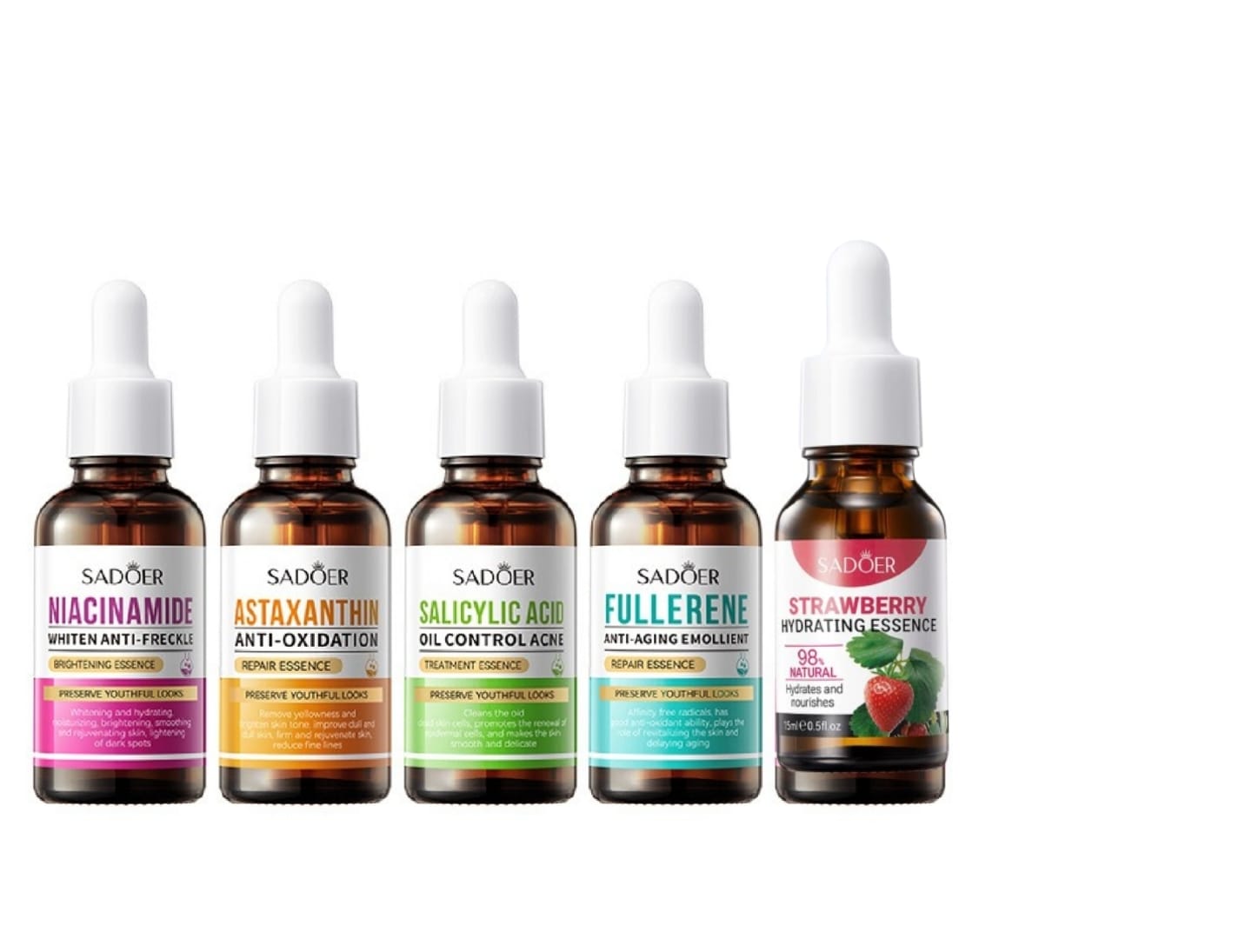 SADOER 5 in 1 Set Anti Acnes Salicylic Acid Serum,+Fullerene Anti Aging  Essence+Strawberry Ageless + Astaxanthin Anti-Oxidation +Niacinamide Face Brightening Essence Vitamin C compliment Skin Care