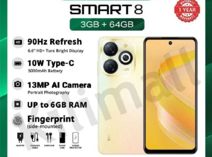 Infinix smart 8 smartphone INFINIX SMART 8 64GB + 6(3+3)GB 6.6" screen Phone 5000Mah battery capacity with Type-C charging 13MP dual AI camera fingerprint lock Smart phones