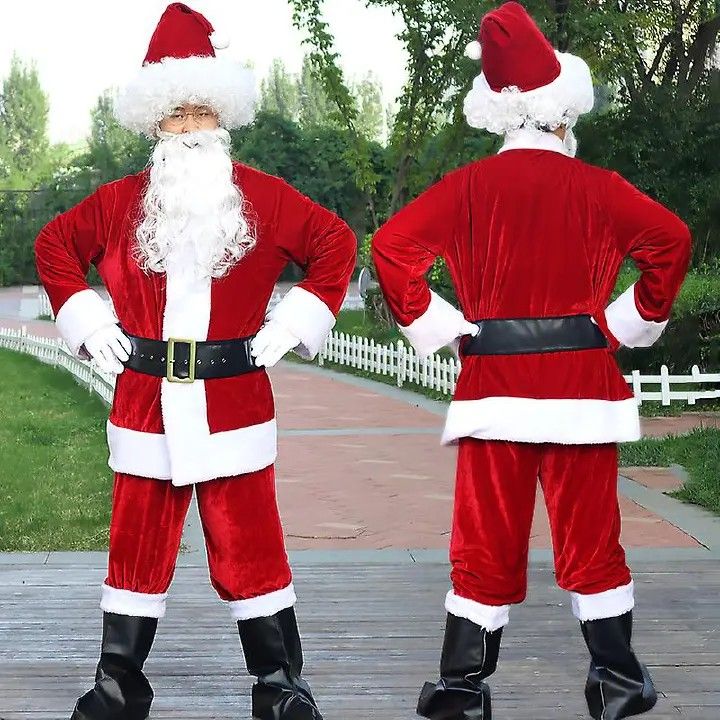 Santa suit ADULT 5Pcs Set Santa Claus Suit Adult unisex Felt Cosplay Costume Outfit Fancy Dress Father Christmas Party Clothes hat,jacket,beard,belt,trousers set and legging gift