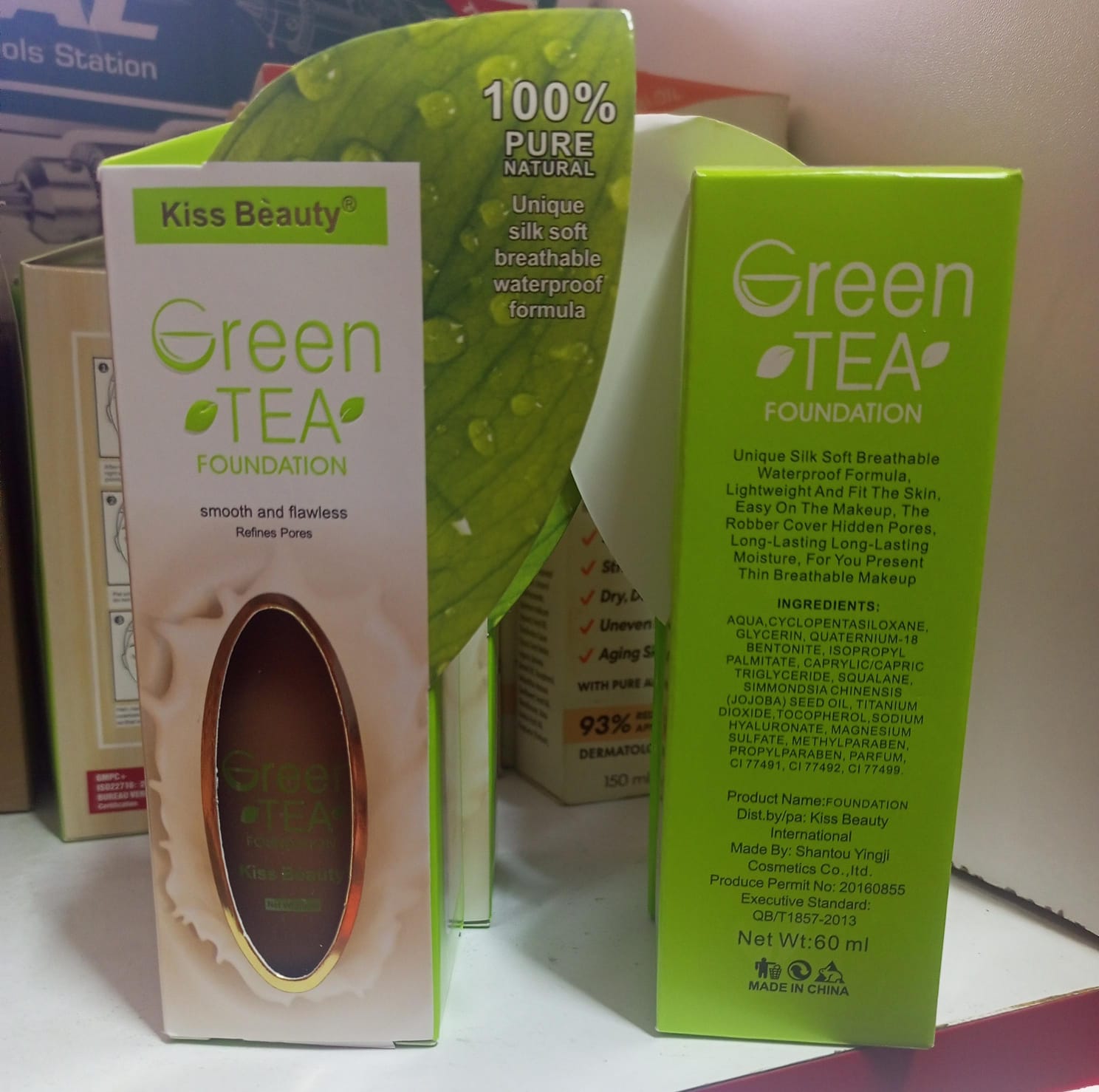 Kiss beauty foundation Kiss Beauty green Tea Foundation smooth and flawless refines pores 100% pure natural unique silk soft breathable waterproof formula makeup Foundation