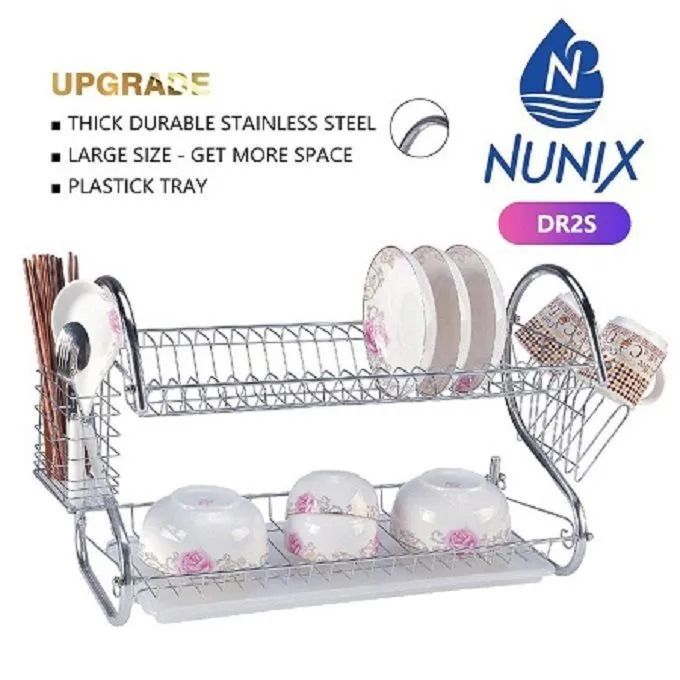 Nunix 2 Tier Dish Rack Stainless Steel,With Drain Board dish drainer kitchen storage organizer