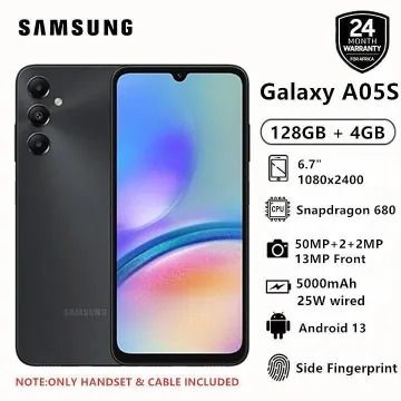 SAMSUNG GALAXY A05s 128GB ROM 4GBRAM Qualcomm Snapdragon 680 50MP F1.8 + 2MP F2.4 + 2MP F2.4 front camera 13MP F2.0 6.7 Inches, 1080 x 2400 Pixels 5000mAh Android 13 smartphone
