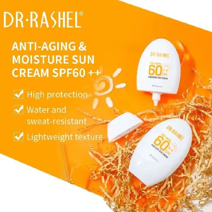 Sun Cream Dr Rashel Anti‑Aging Moisture SPF 60++ 60 g Broad Spectrum UVA/UVB Protection,Hydrating,Oil‑Free, Water‑Resistant,Brightening Sunblock for Face and Body
