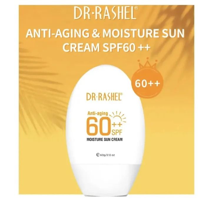 Sun Cream Dr Rashel Anti‑Aging Moisture SPF 60++ 60 g Broad Spectrum UVA/UVB Protection,Hydrating,Oil‑Free, Water‑Resistant,Brightening Sunblock for Face and Body