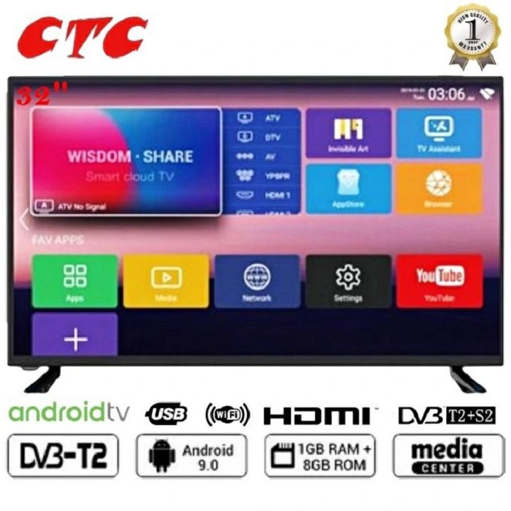 CTC 32 inch smart tv Frameless Bluetooth Enabled Smart Android TV,Netflix,Inbuilt Decoder Youtube Television Connect Inbuilt WIFI,APP STORE 1GBRAM 8GBROM 32inch Smart Digital TV Wide color enhancer tv