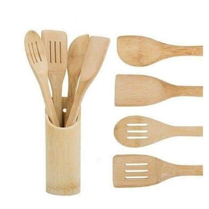 4pc bamboo cooking spoons + holder