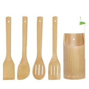 4pc bamboo cooking spoons + holder