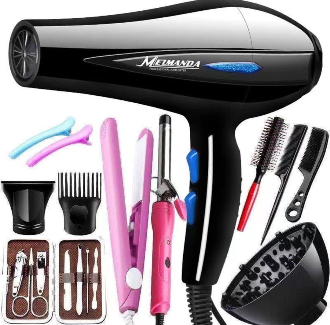 12Pcs Professional blow dry with accessories 1200W Hair Dryer Strong full set Blow Drier with cord1 
Noozle1 
Detachable Comb1
Flat Iron
Tongs
2 Hair Clips
3 Styling Combs
Manicure Kit
Curl Maker Kit