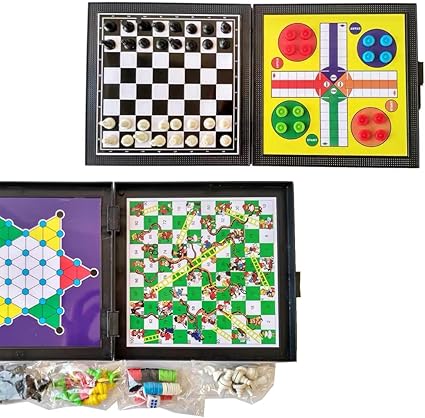 5 in 1 Chess Game Board Set Board Game Portable Travel Board Game Mini Magnetic Chess Game Chess board Flying Chess Checker Snake Chess Draughts Ladders Checker Educational Toy for Kids 6+