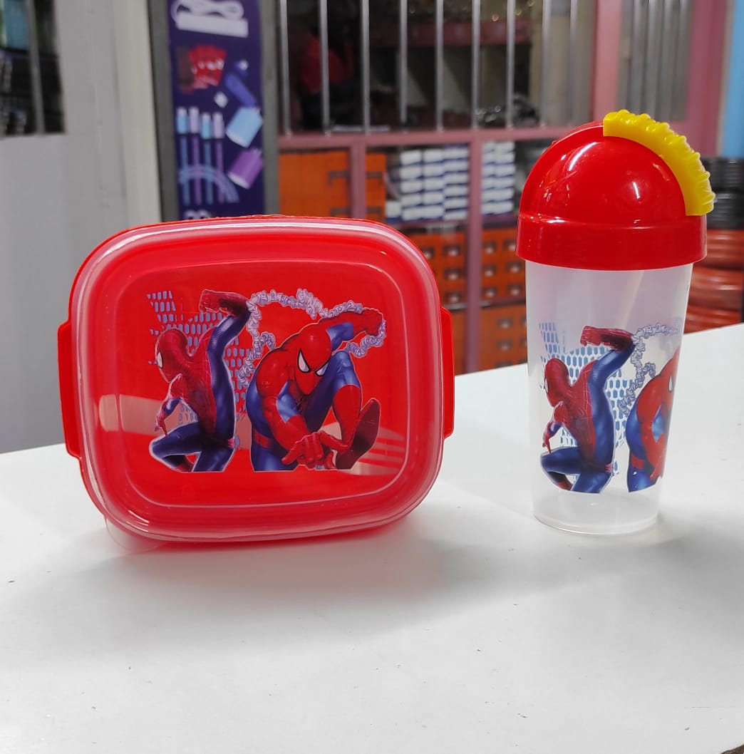 Combo cartoon themed 2-in-1 Lunch Box with Tumbler Set with straw, Lunchbox Food Storage Drinking Bottle, kids snackbox with water bottle set, 2 grid Snack box with water bottle